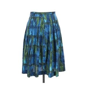Talbots Watercolor Skirt Women 14 Pleated Abstract Blue Green Boho Hippie Artsy